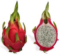 A red pitaya (Hylocereus undatus) fruit, also known as dragonfruit, together with a cross section.