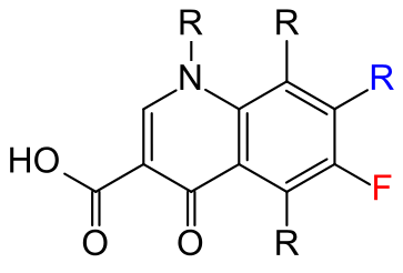 Essential structure of all quinolone antibiotics: the blue drawn remainder of R is usually piperazine; if the connection contains fluorine (red), it is a fluoroquinolone.