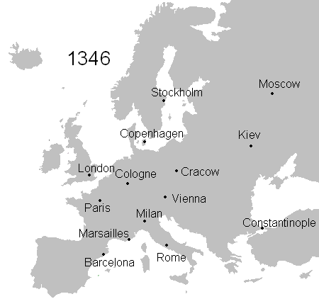 Spread of the Black Death  in Europe (1346–53). The disease, caused by the bacteria Yersenia pestis, was transmitted to human through the bite of infected rat fleas.