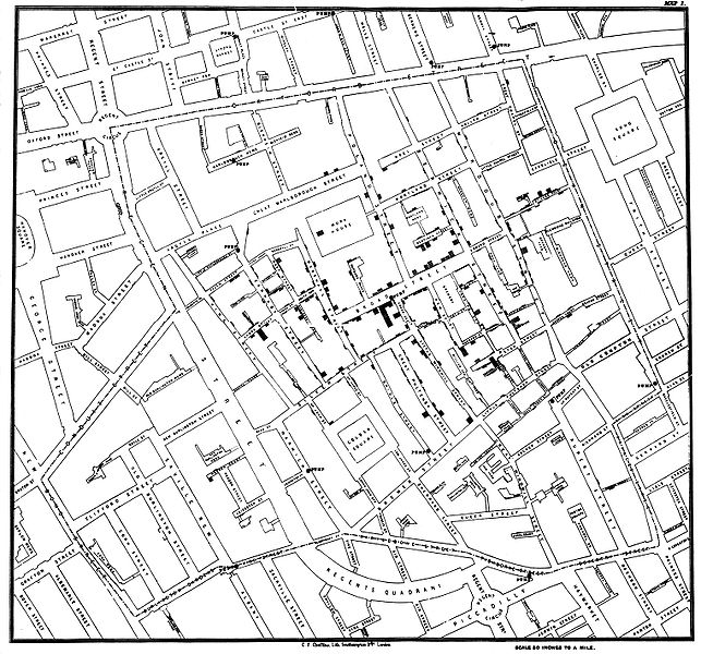 Map by John Snow showing the clusters of cholera cases in the London epidemic of 1854.