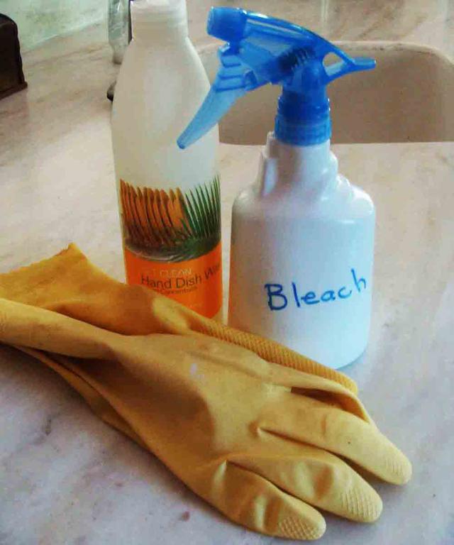 Few supplies are required: Dish soap, bleach spray, rubber gloves, a scrub brush, rag and towels for drying.